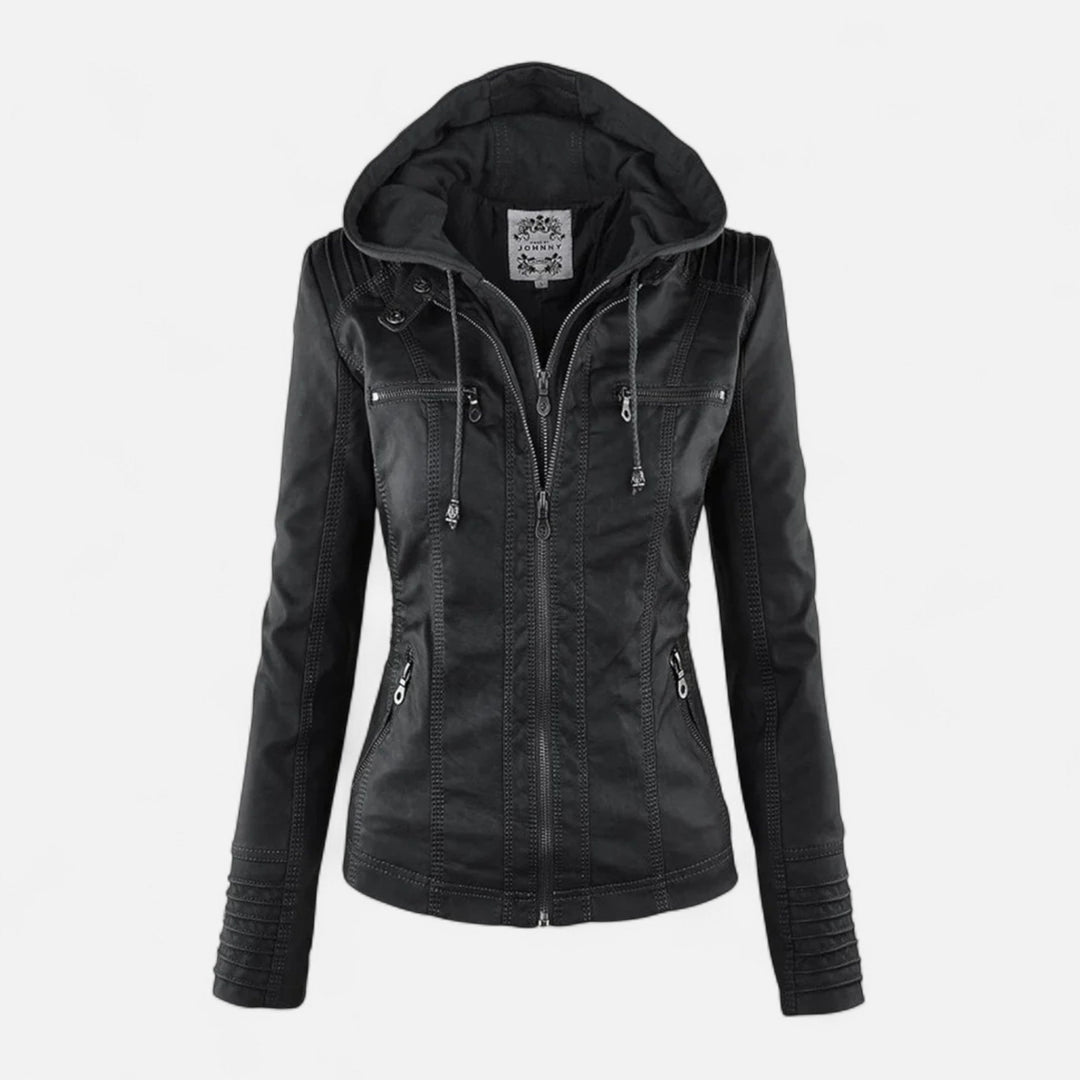 Women's hooded jacket with long sleeves and multiple zipped pockets