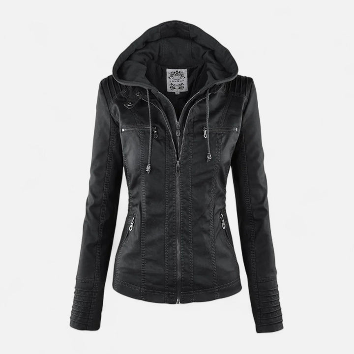 Women's hooded jacket with long sleeves and multiple zipped pockets