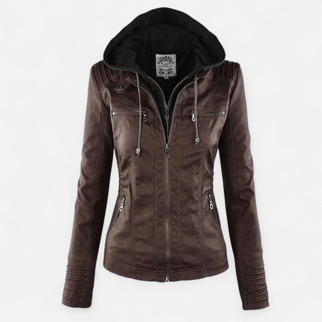 Women's hooded jacket with long sleeves and multiple zipped pockets
