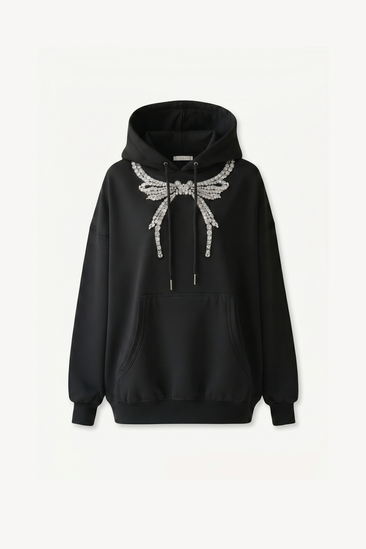 Black pullover hoodie with embellished wing detail, hood, drawstrings and front pouch pocket