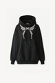 Black pullover hoodie with embellished wing detail, hood, drawstrings and front pouch pocket