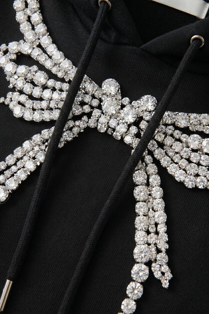 Black pullover hoodie with embellished wing detail, hood, drawstrings and front pouch pocket