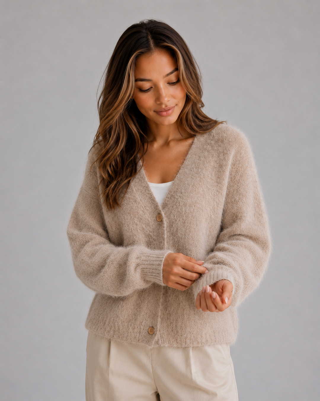 Women's textured V-neck button front cardigan with long sleeves