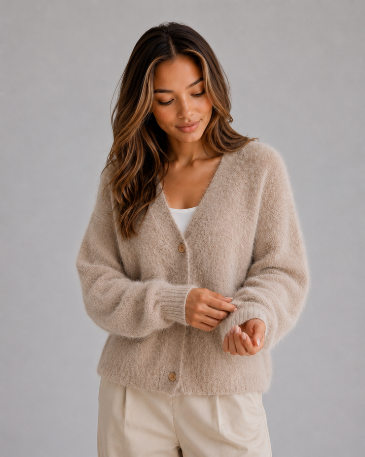 Women's textured V-neck button front cardigan with long sleeves