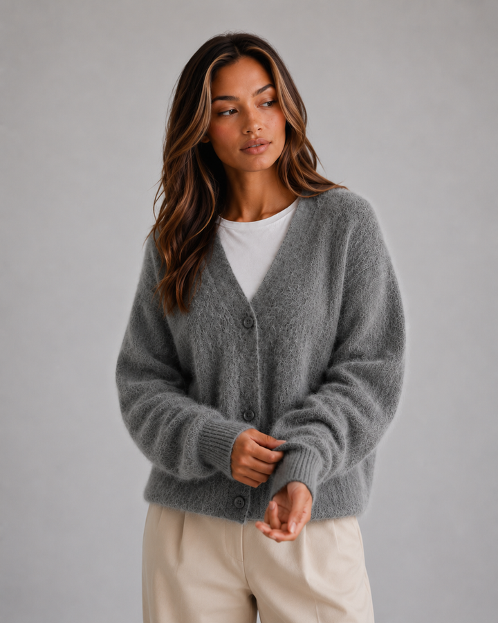 Women's textured V-neck button front cardigan with long sleeves