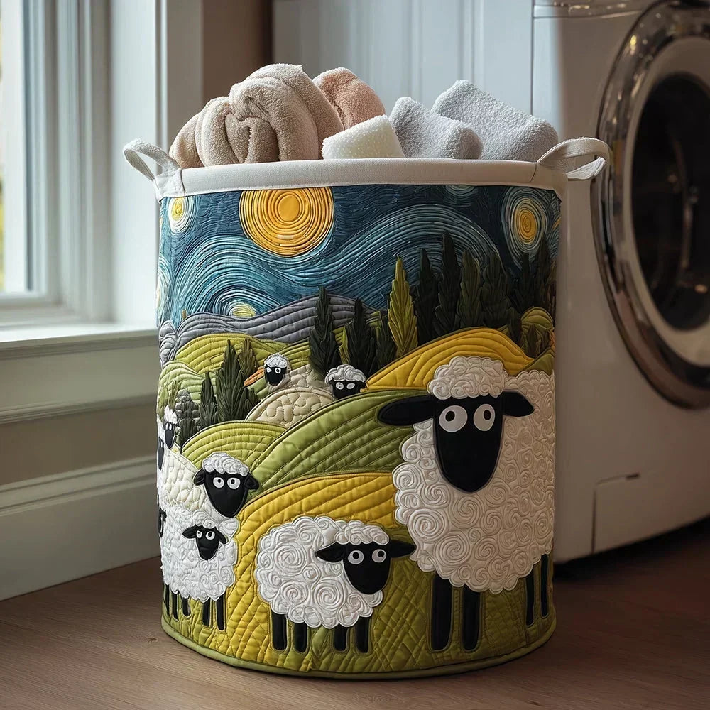 Multicolor quilted laundry basket with sheep and landscape design