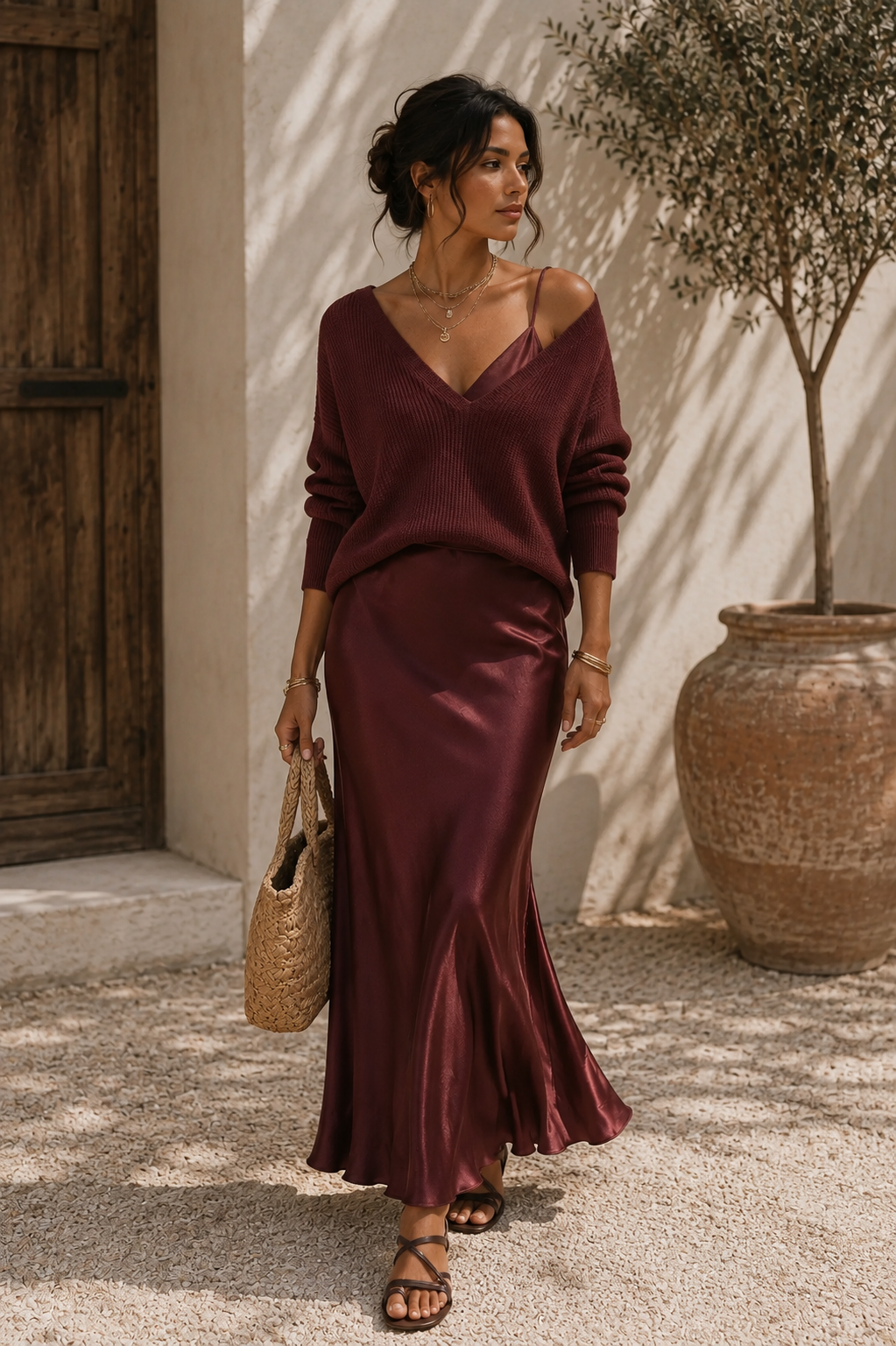 Women's two-piece outfit with V-neck sweater and flowing maxi skirt