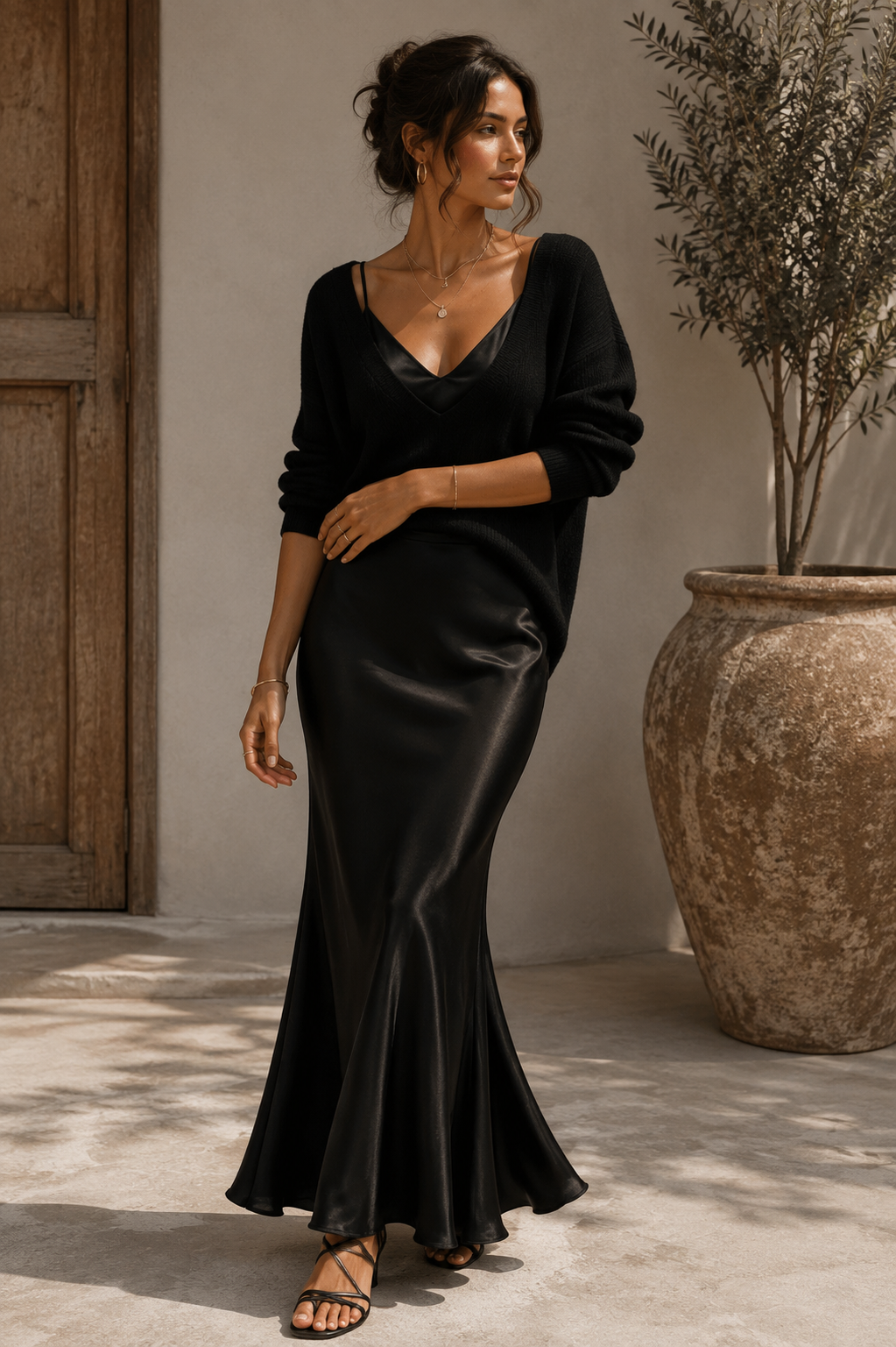 Women's two-piece outfit with V-neck sweater and flowing maxi skirt
