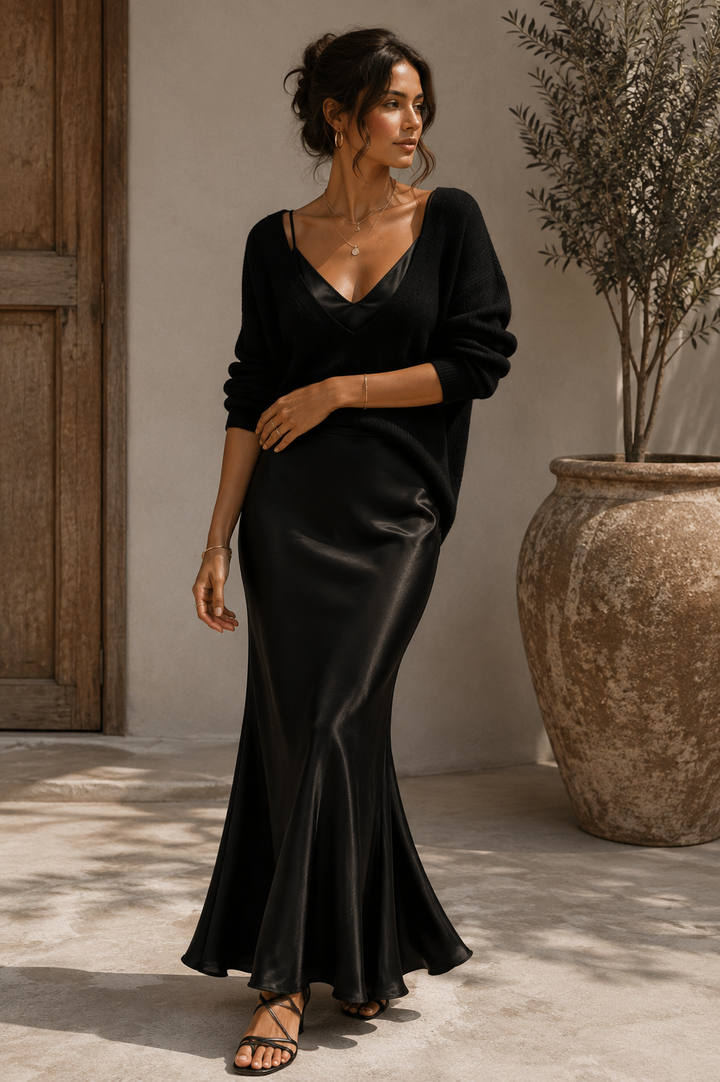 Women's two-piece outfit with V-neck sweater and flowing maxi skirt