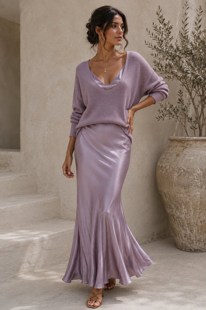 Women's two-piece outfit with V-neck sweater and flowing maxi skirt
