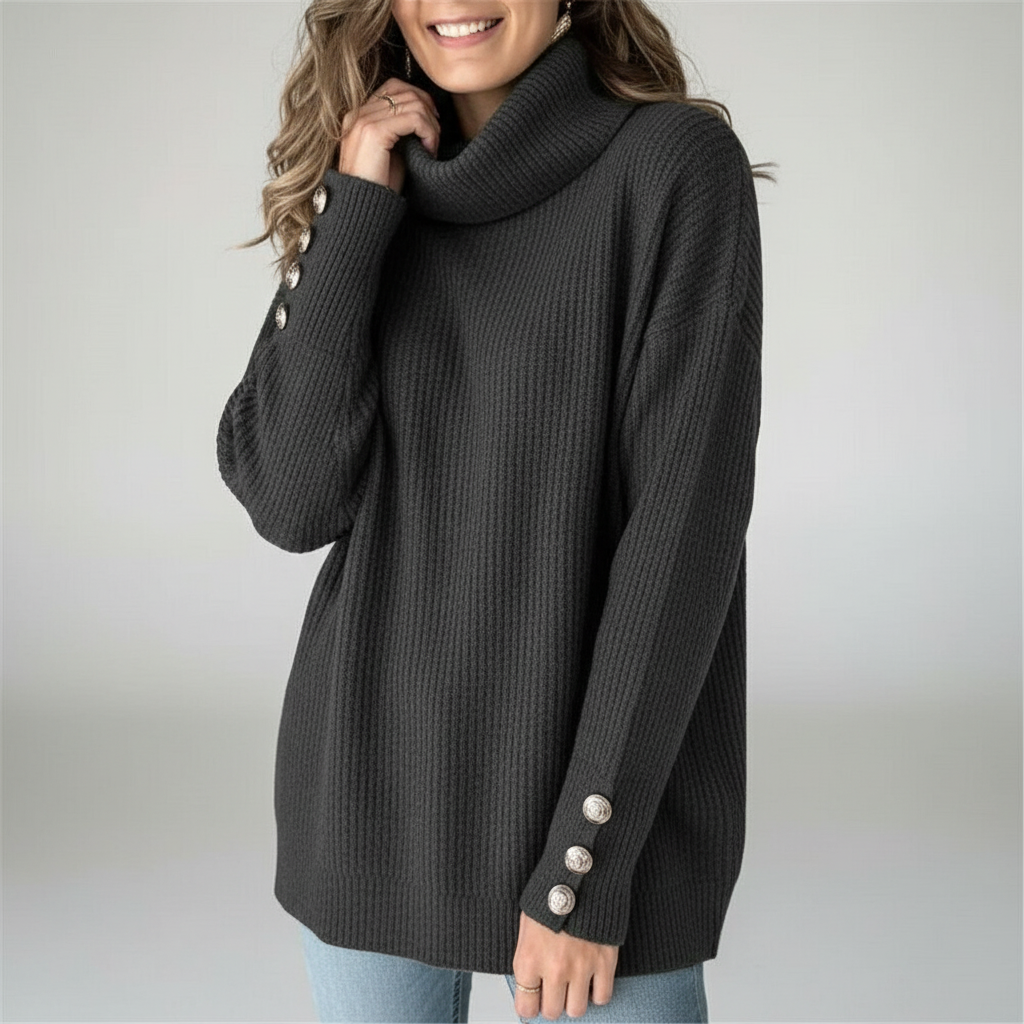 Women's ribbed turtleneck jumper with long sleeves and button cuff details