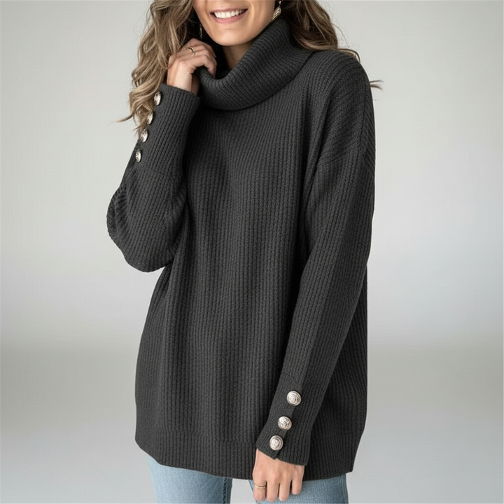 Women's ribbed turtleneck jumper with long sleeves and button cuff details