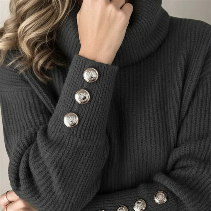 Women's ribbed turtleneck jumper with long sleeves and button cuff details