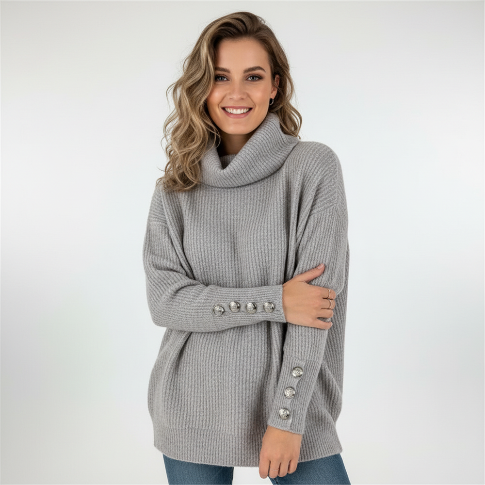 Women's ribbed turtleneck jumper with long sleeves and button cuff details