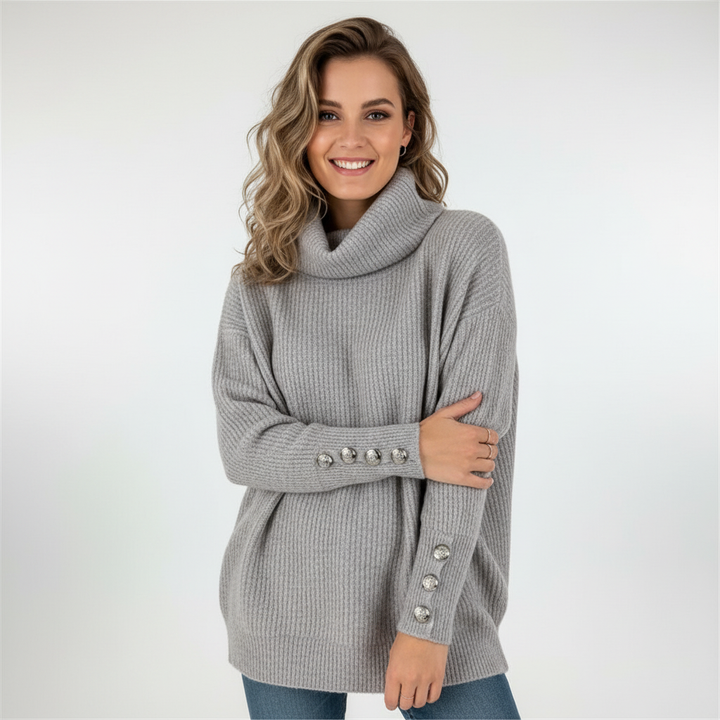 Women's ribbed turtleneck jumper with long sleeves and button cuff details