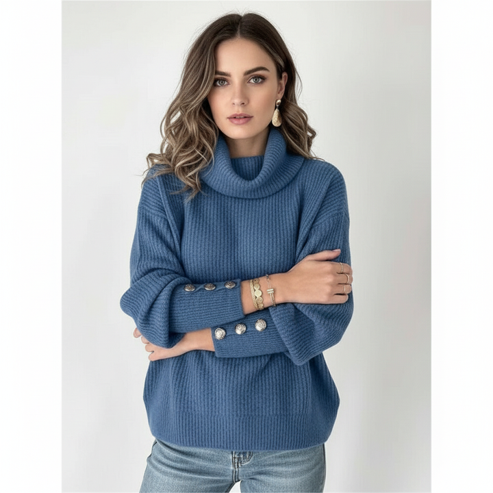 Women's ribbed turtleneck jumper with long sleeves and button cuff details