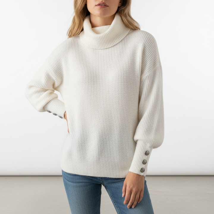 Women's ribbed turtleneck jumper with long sleeves and button cuff details