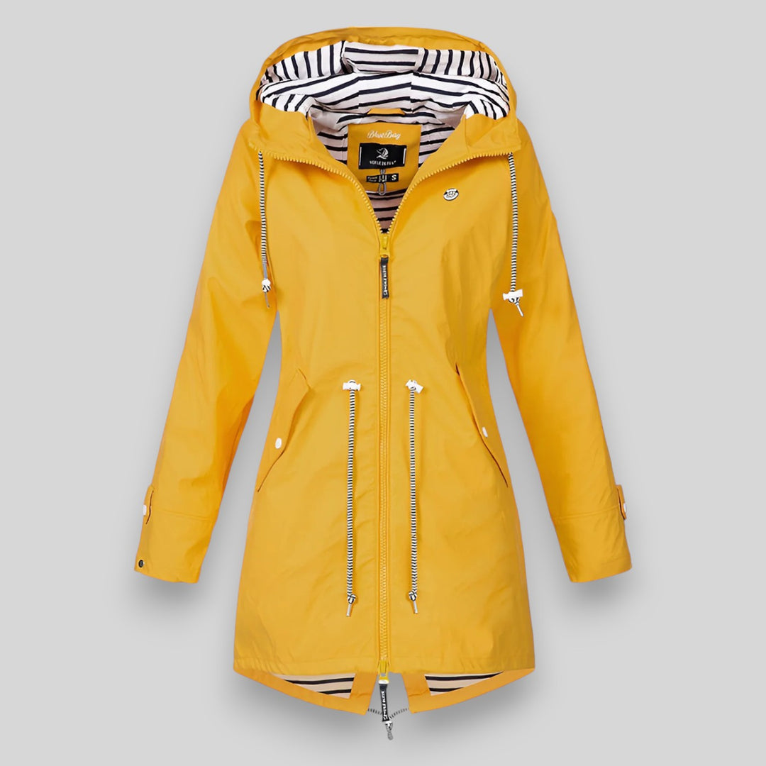 Women's hooded rain jacket with long sleeves, front zippers and striped lining