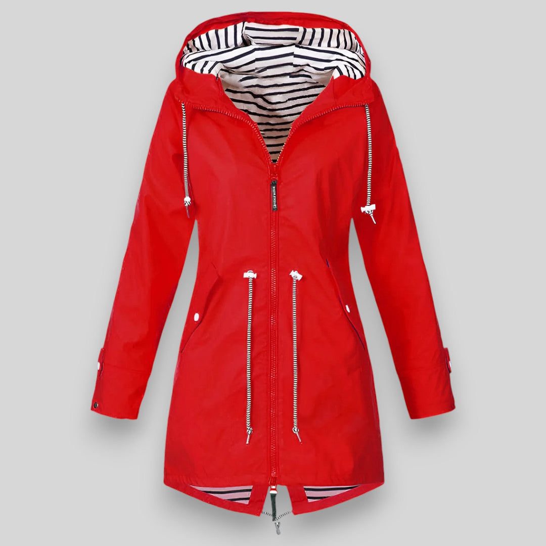 Women's hooded rain jacket with long sleeves, front zippers and striped lining