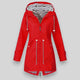 Women's hooded rain jacket with long sleeves, front zippers and striped lining