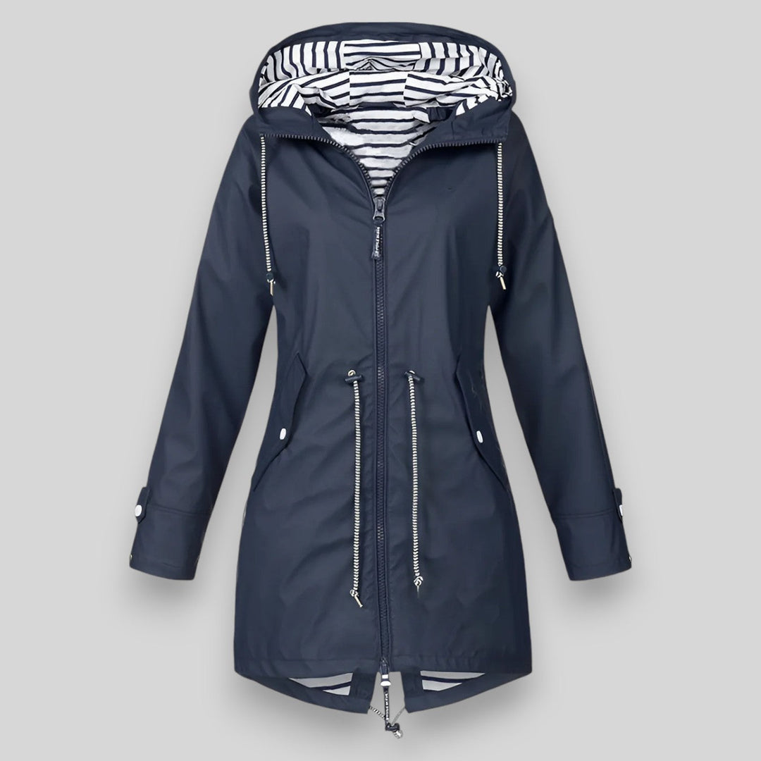 Women's hooded rain jacket with long sleeves, front zippers and striped lining