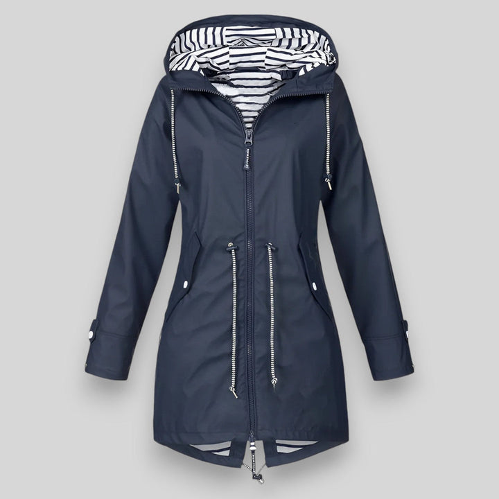 Women's hooded rain jacket with long sleeves, front zippers and striped lining