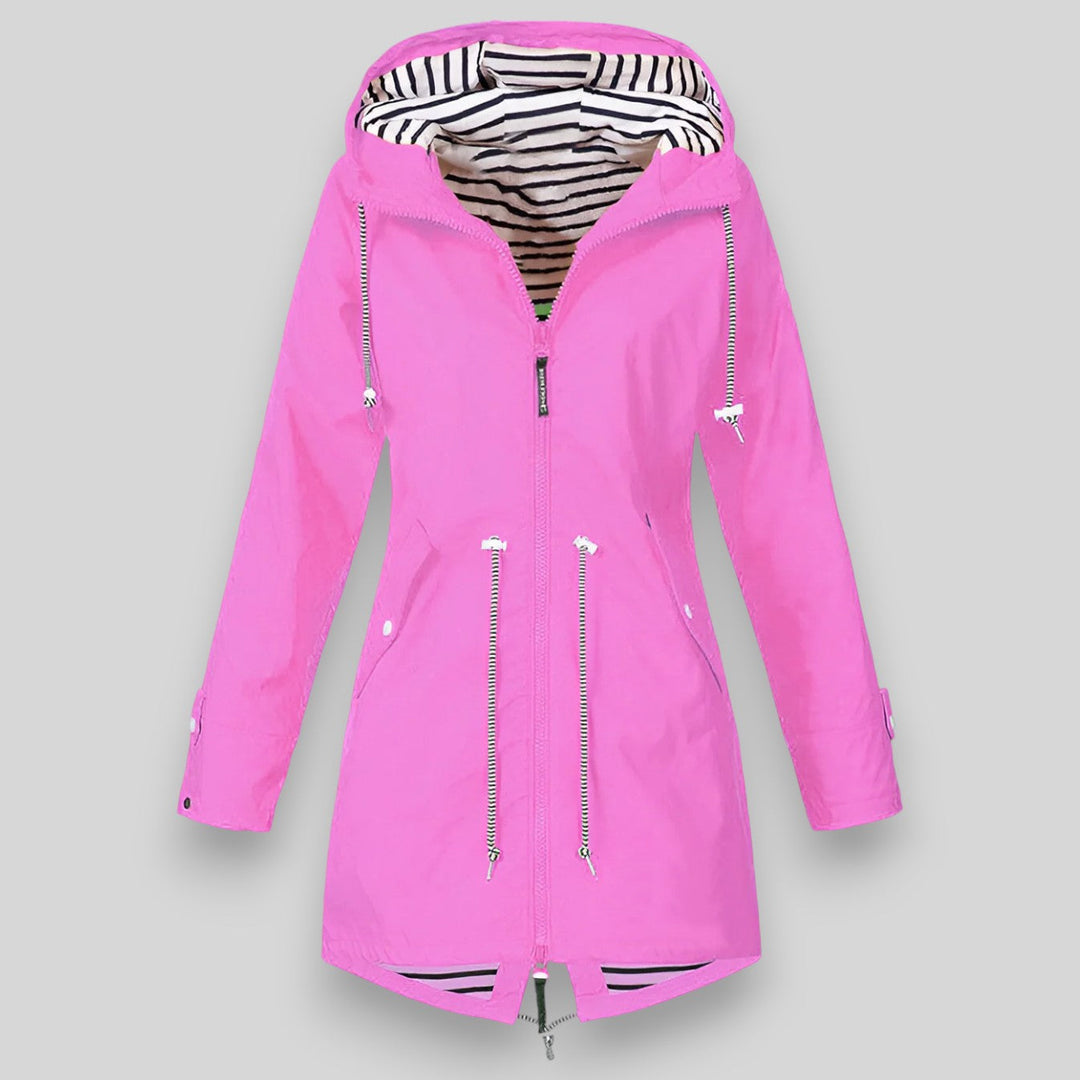 Women's hooded rain jacket with long sleeves, front zippers and striped lining