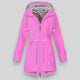 Women's hooded rain jacket with long sleeves, front zippers and striped lining