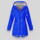 Women's hooded rain jacket with long sleeves, front zippers and striped lining