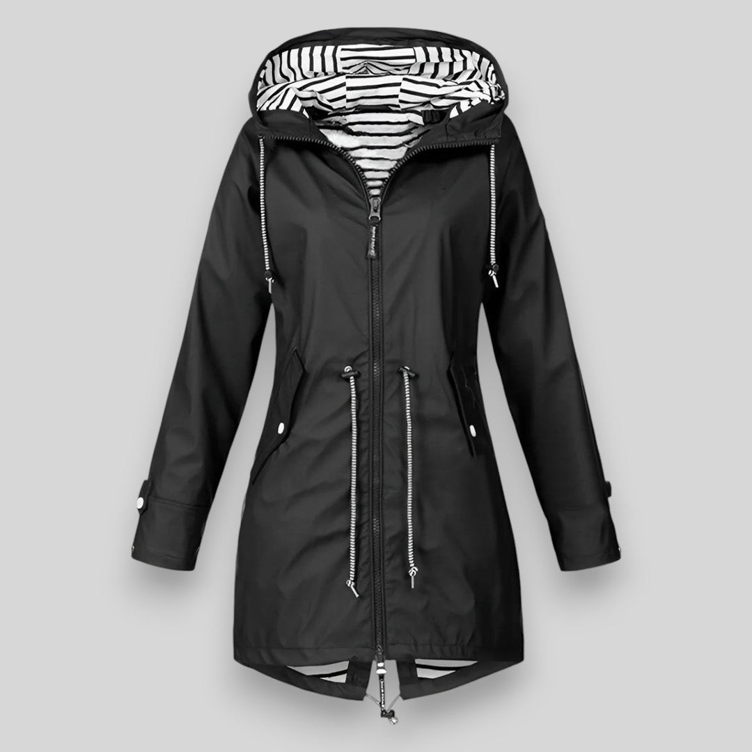 Women's hooded rain jacket with long sleeves, front zippers and striped lining