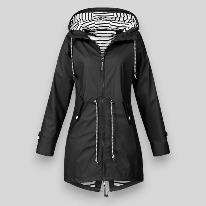 Women's hooded rain jacket with long sleeves, front zippers and striped lining