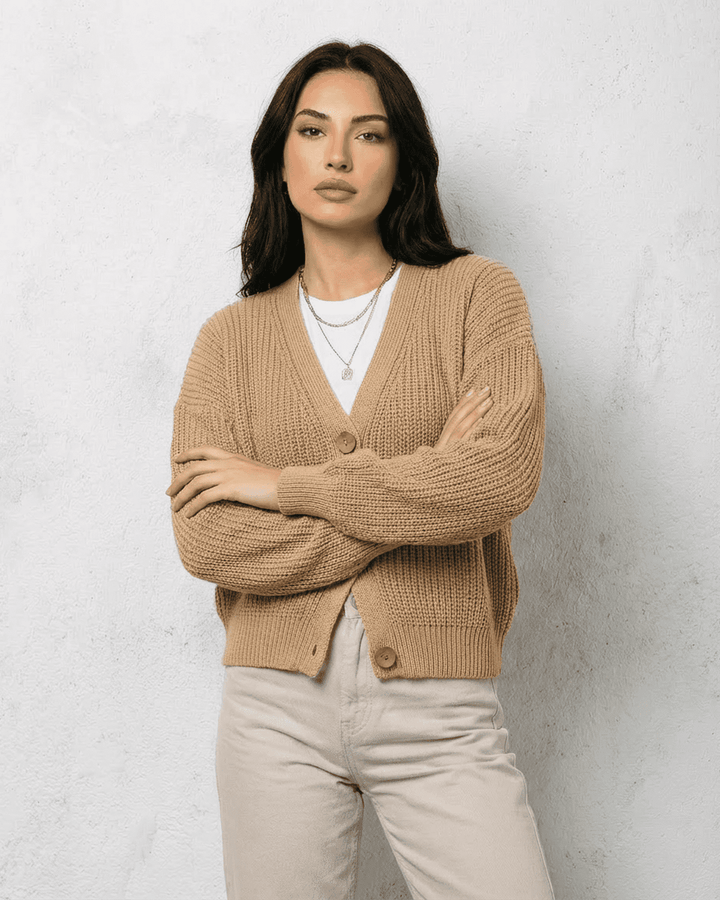 Women's yellow knit cardigan with long sleeves