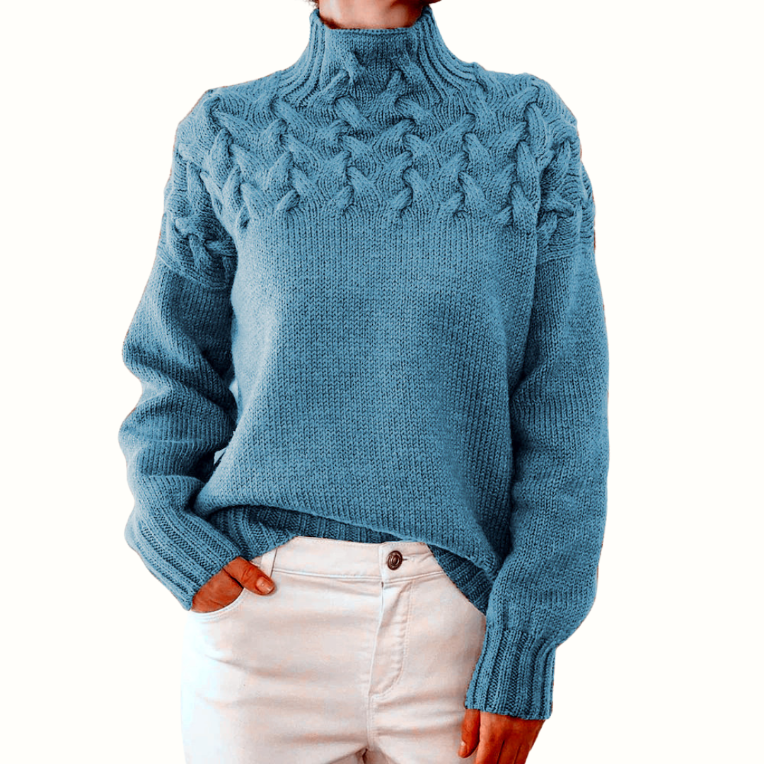 Women's cable knit turtleneck sweater with long sleeves and ribbed trims