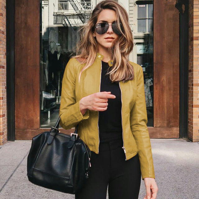 Women's fitted jacket with stand collar and front zipper