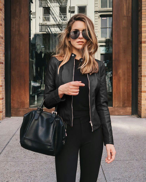 Women's fitted jacket with stand collar and front zipper