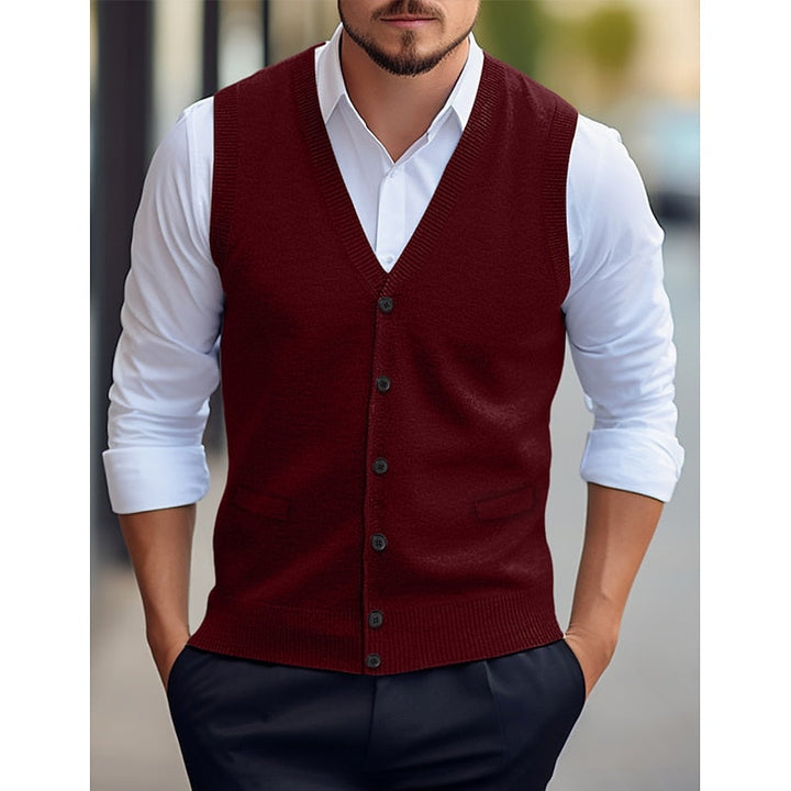 Men's sleeveless V-neck cardigan vest with buttons and welt pockets