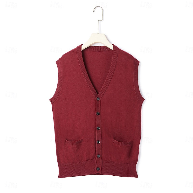 Men's sleeveless V-neck cardigan vest with buttons and welt pockets