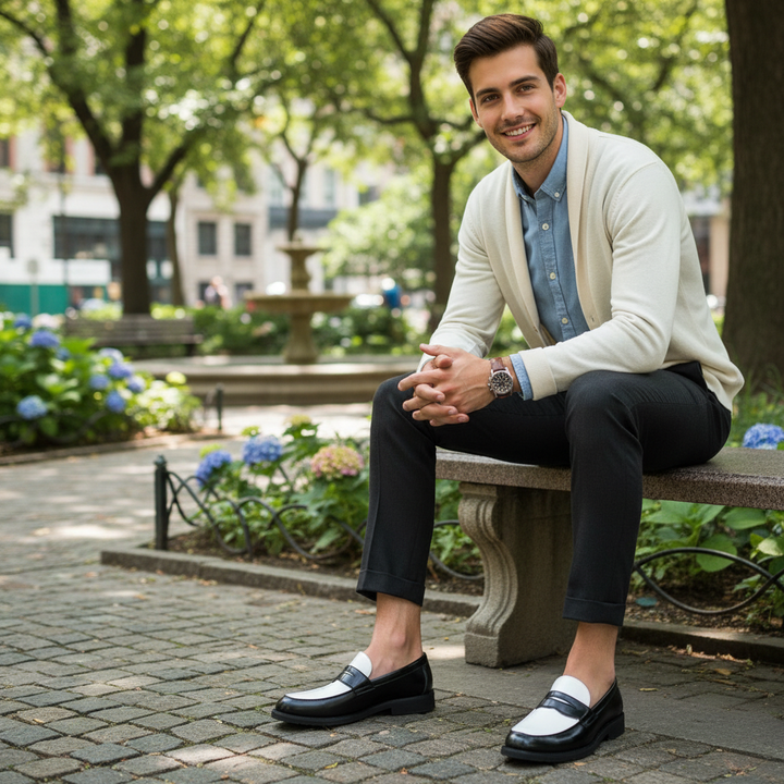 Men's contrast panel slip-on loafers with rounded toes and low heels