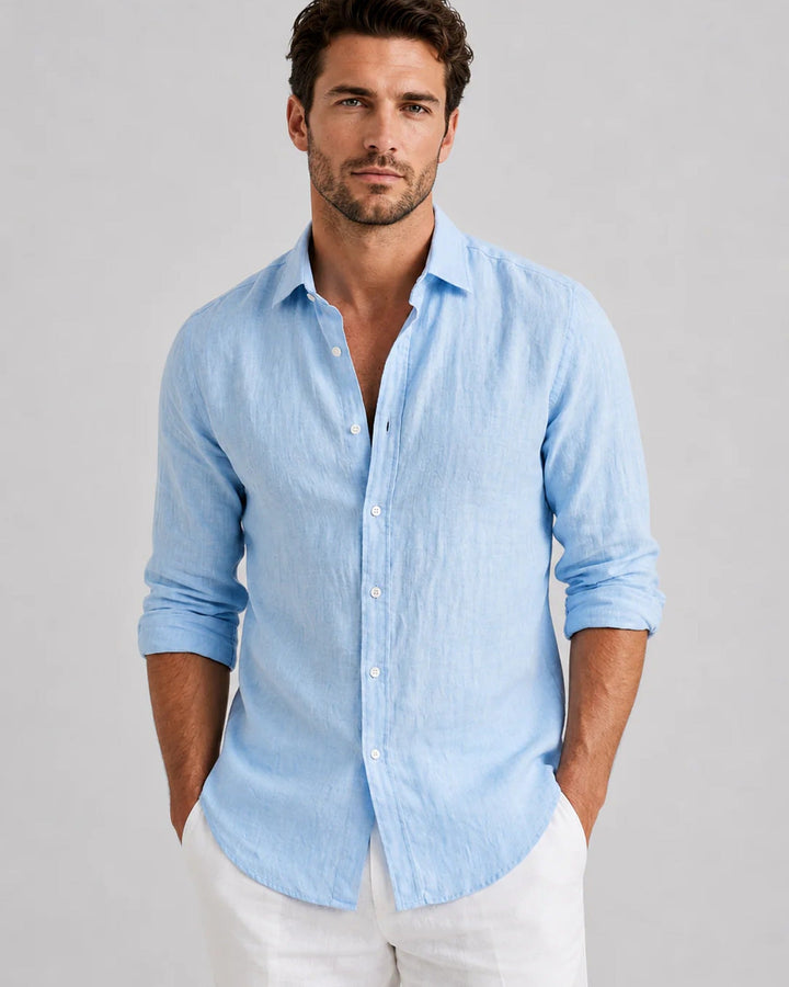 Men's long sleeve button-front shirt with pointed collar and curved hem