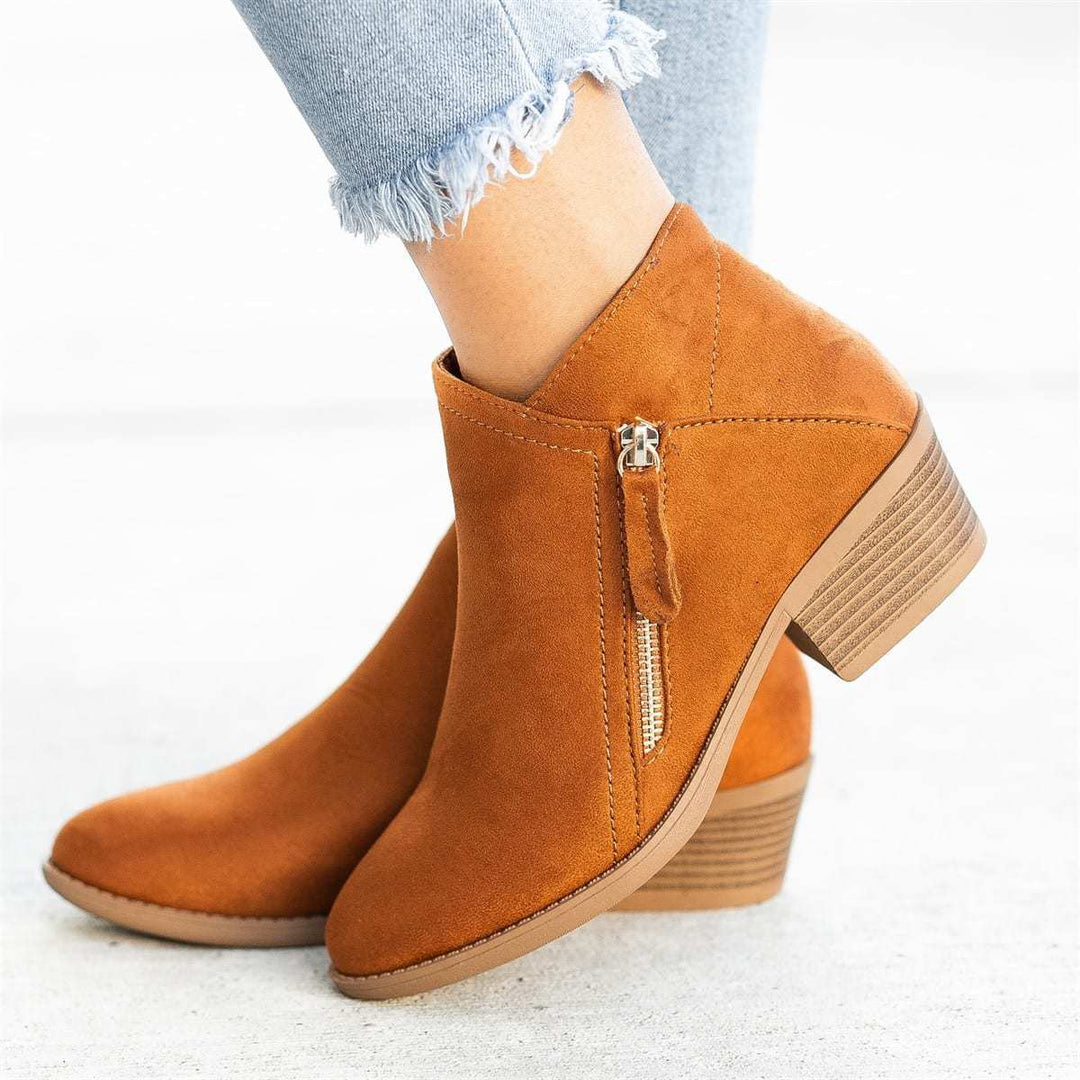 Women's side-zip ankle boots with pointed toes and low block heels