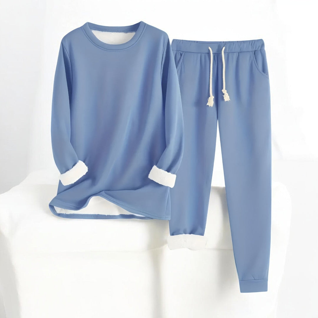 Women's two-piece lounge set with long-sleeve crew neck top and drawstring trousers