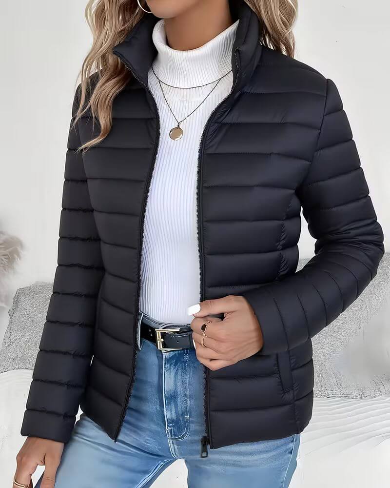 Women's quilted puffer jacket with stand collar and zip front