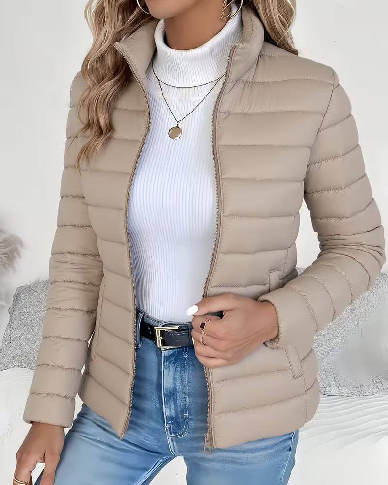 Women's quilted puffer jacket with stand collar and zip front