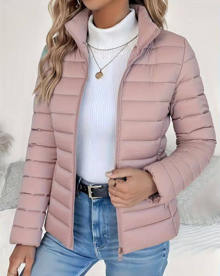 Women's quilted puffer jacket with stand collar and zip front