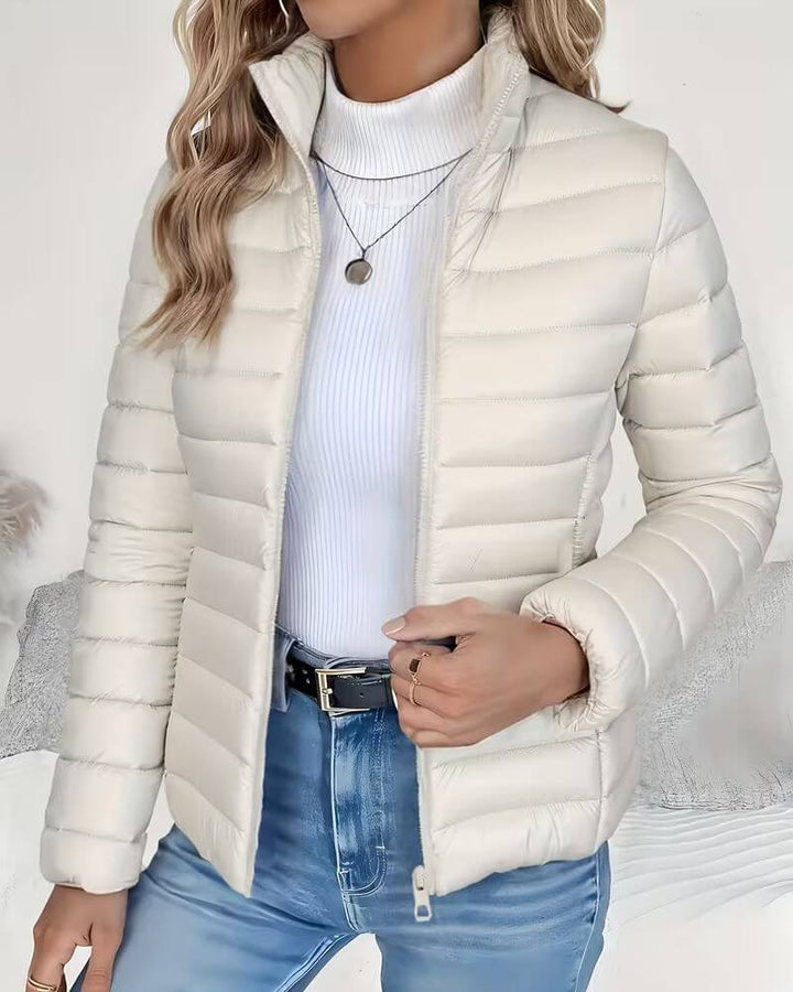 Women's quilted puffer jacket with stand collar and zip front