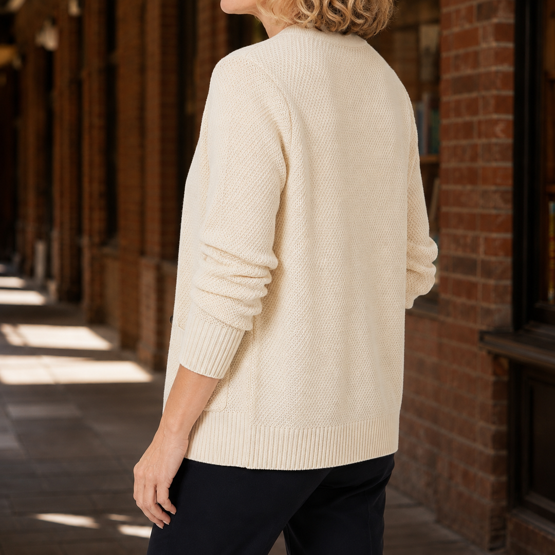 Women's V-neck cardigan with button front, long sleeves and patch pockets