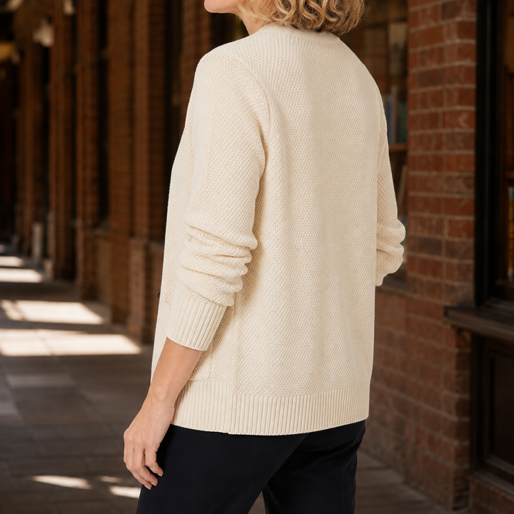 Women's V-neck cardigan with button front, long sleeves and patch pockets