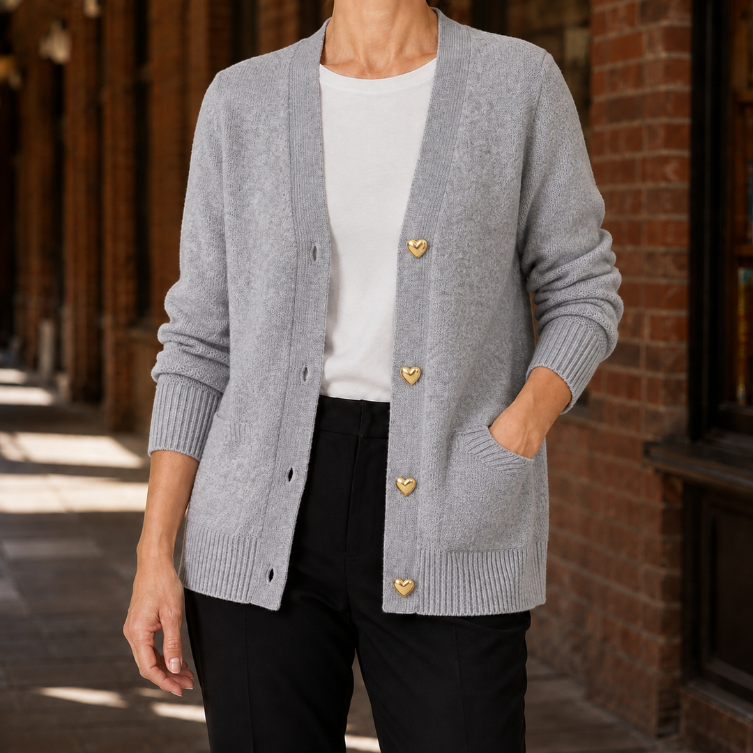 Women's V-neck cardigan with button front, long sleeves and patch pockets