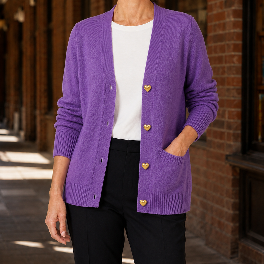 Women's V-neck cardigan with button front, long sleeves and patch pockets