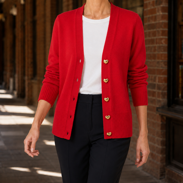 Women's V-neck cardigan with button front, long sleeves and patch pockets